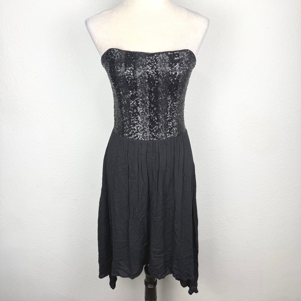 Y2K Ella Moss Black Sequin Strapless Handkerchief Hem Cocktail Dress Size Medium